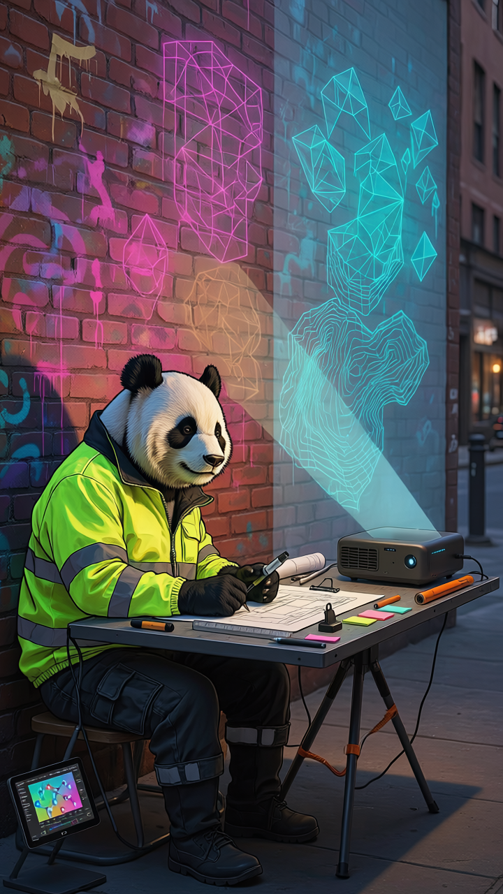 Firefly_Panda street art office work planing engineer event video mapping visual artist 360085